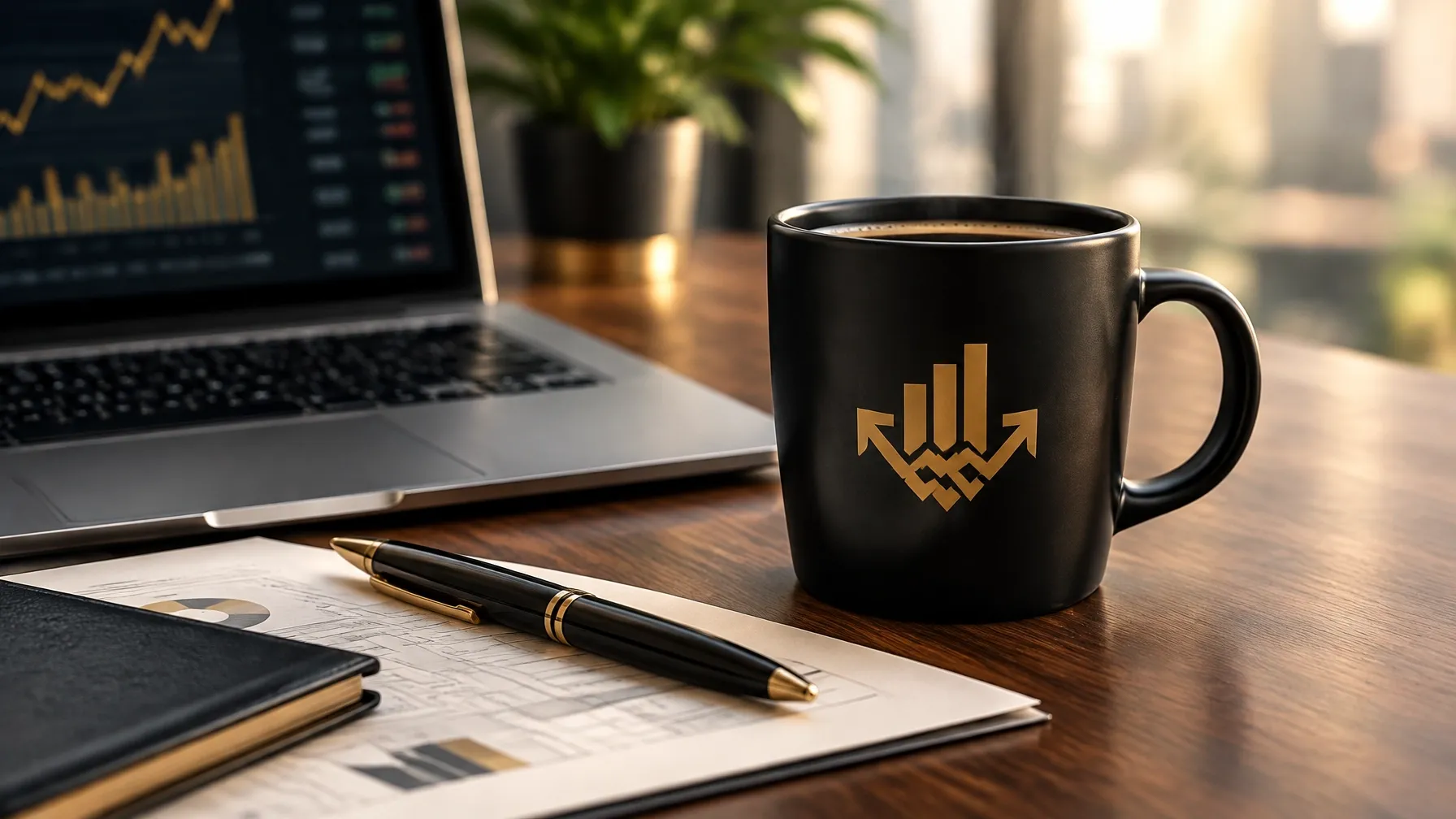 A tidy accounting workspace with a laptop and coffee